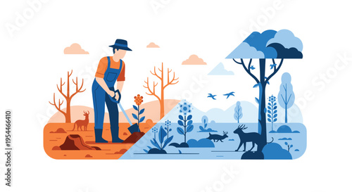 A man plants a flower in a barren landscape contrasting with a lush forest scene on the right.