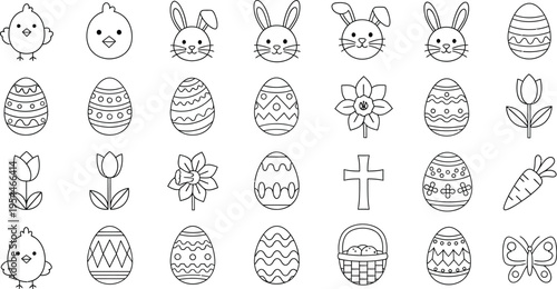 A collection of detailed black and white line art icons featuring various Easter symbols like decorated eggs, bunnies, chicks, and crosses is displayed against a white background.