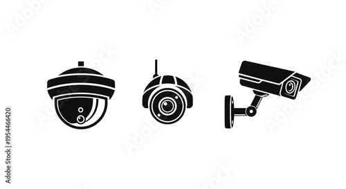 Three security cameras in a black graphic style silhouette