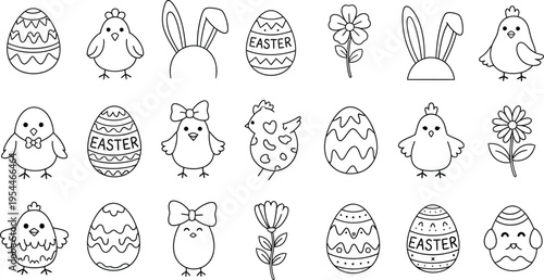 A set of simple, cute black and white outline drawings features numerous cartoon chicks and decorated Easter eggs ready for coloring activities.