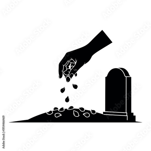 Hand scattering seeds on a grave with a tombstone.