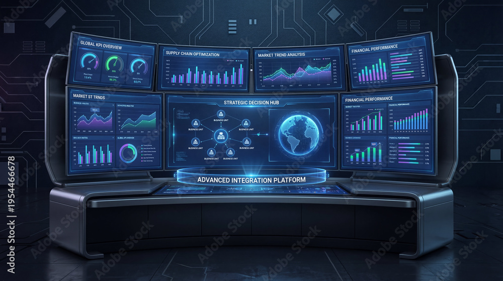 Fototapeta premium Business integration embeds data analysis decision-making concept. Futuristic control room displaying advanced data analytics.
