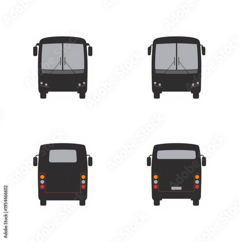 Bus Perspective: A stylized illustration presents four distinct viewpoints of a sleek black bus, showcasing its front and rear designs. A modern representation of public transportation