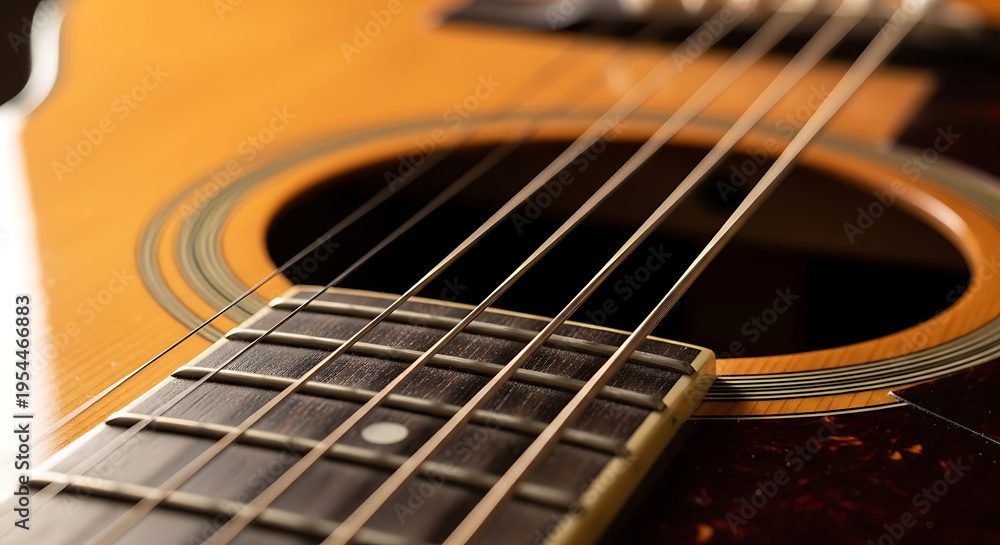 Fototapeta premium Intricate close-up of an acoustic guitar's polished wooden body, strings, and fretboard, evoking musical harmony and passion