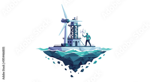 A man in a hard hat stands on a floating polygonal island with a large wind turbine, holding a small turbine.