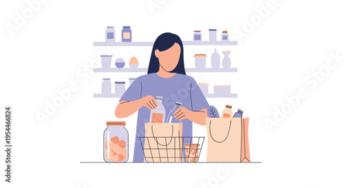 A woman places various groceries into reusable bags and a wire basket in a store aisle with shelves.