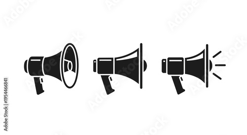 Three black megaphone icons showing progressive sound projection silhouette