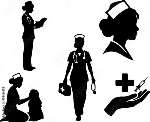Nurse Silhouette Icon Set with Five Poses Including Clipboard, Stethoscope, Medicine, Comforting, and Syringe