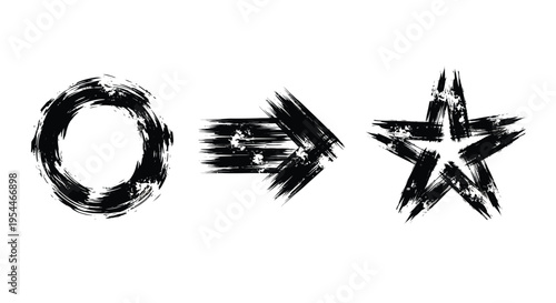 Abstract shapes circle arrow and star in a rough brushstroke silhouette