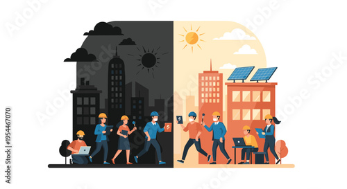 People walk through a dark, polluted city on the left and a bright, solar-powered city on the right.
