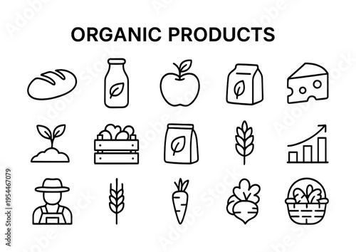 Organic product icons including bread, milk, apple, cheese, and farming elements
