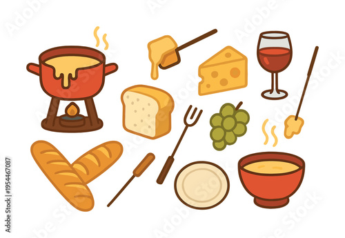 Swiss fondue ingredients with wine, cheese, bread, grapes, and fondue pot illustration