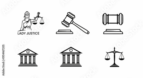 Justice system symbols including lady justice gavel courthouse and scales of justice icons