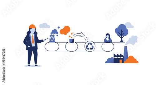 A woman in a hard hat points to an environmental assessment and mitigation flowchart with factories and trees.