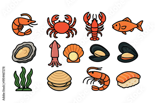Colorful seafood icons featuring crustaceans, shellfish, and fish