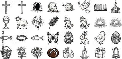A collection of black and white line art icons depicts various religious and springtime symbols related to Easter celebrations.
