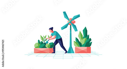 A person tends to plants in a raised garden bed next to a wind turbine on a white background with a grid pattern.