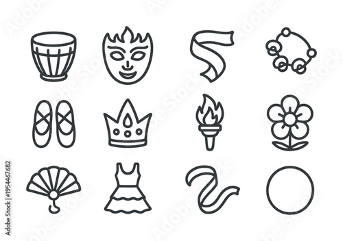 Outline icons of drum, mask, ribbon, tambourine, ballet shoes, crown, torch, flower, fan, dress, and hoop