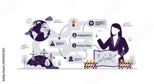 A woman in a suit points to a map and a flowchart about adaptation and action steps next to a globe with environmental elements.