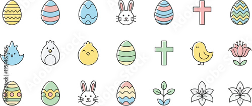 A set of colorful, pastel-toned line art icons depicting common symbols associated with the Easter holiday and the arrival of spring is presented clearly.