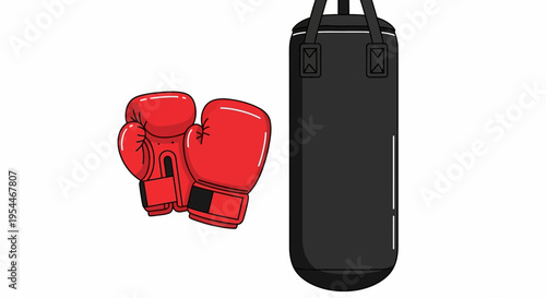 Red Boxing Gloves and Black Punching Bag Illustration - Vector Style Combat Sports Training Equipment Isolated on White