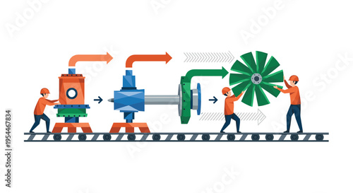 Four workers assemble a large green turbine fan on an assembly line with various industrial components.