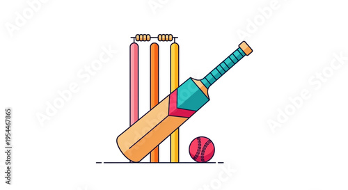 Modern Flat Vector Illustration of Cricket Equipment Including Bat, Ball, and Colorful Wickets on White Background