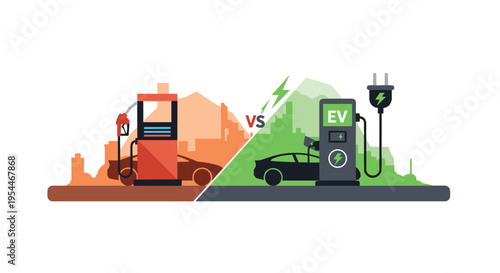A split image contrasts a gas station and a car with an electric vehicle charging station and a car, both against city skylines.