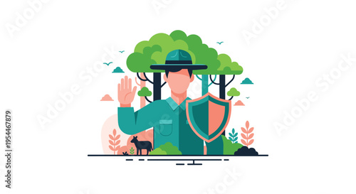 A park ranger in a green uniform and hat stands with a raised hand and a shield in front of a forest with trees and foliage.