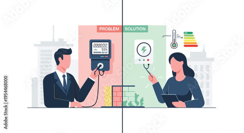 A split illustration contrasts a man with an inefficient energy meter and fire against a woman with an efficient energy device and ratings.