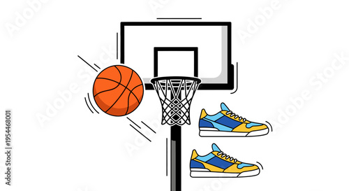 Basketball Hoop and Ball with Sneakers Flat Vector Illustration for Sports and Fitness Concepts