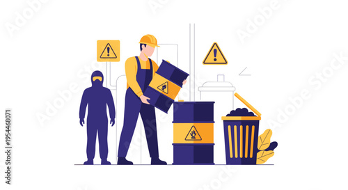 Two workers, one in a hard hat and one in a hazmat suit, handle hazardous waste barrels and a trash can with warning signs.