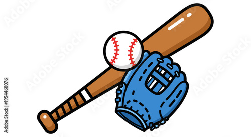 Baseball Equipment Illustration Set with Wooden Bat, Blue Catcher's Mitt, and Stitched Ball Isolated on White Background