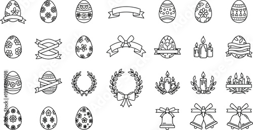 A collection of black and white outline icons features decorated Easter eggs, ribbons, wreaths, and bells for holiday design.