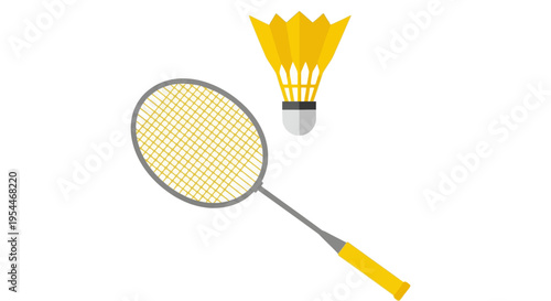 Badminton Racket and Yellow Shuttlecock Vector Illustration - Flat Design Sports Equipment Icon isolated on White Background
