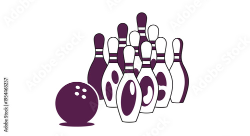 Minimalist Bowling Ball and Pins Vector Illustration, Dark Purple and White Graphic Design for Sports, Leisure, and Competition Concepts