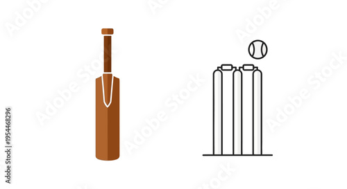 Cricket Equipment Set Vector Illustration featuring a Wooden Bat, Ball, and Wickets with Bails