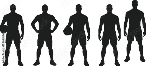 PrintAthletic male silhouettes set with basketball, fitness training, sportsman standing pose, healthy lifestyle vector icons.