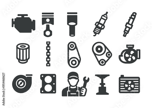 Car engine parts icons set: piston, spark plug, belt, carburetor, radiator