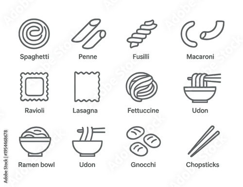 Pasta varieties and chopsticks icon set: spaghetti, penne, fusilli, macaroni, ravioli, lasagna, fettuccine, udon, ramen, gnocchi