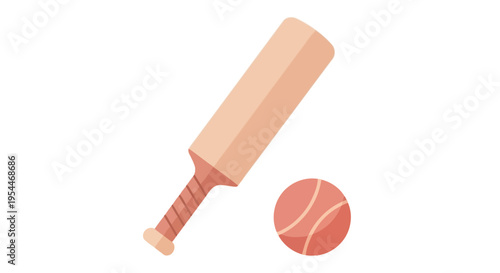 Cricket Bat and Ball Flat Illustration Isolated on White Background - Professional Sports Equipment Icon