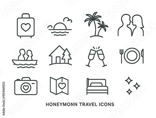 Honeymoon travel icons set: luggage, sunset, palm trees, couple, boat, house, champagne, dining, camera, map, bed, stars