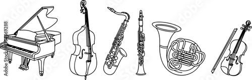 Orchestral musical instruments outline set featuring piano, double bass, saxophone, clarinet, french horn and violin in detailed line art vector illustration