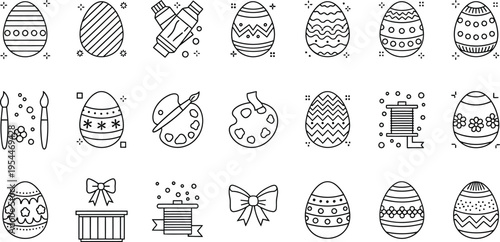 A set of monochrome line art icons illustrates various tools and decorated eggs related to the activity of painting Easter eggs.