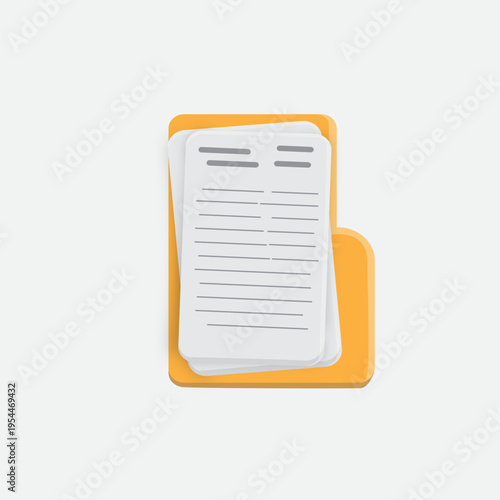 Vector illustration of stacked documents on a folder icon. Concept of file management, paperwork, office organization, digital storage, business documentation, and administrative workflow system.