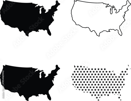 Four black and white of the united states map silhouette outline