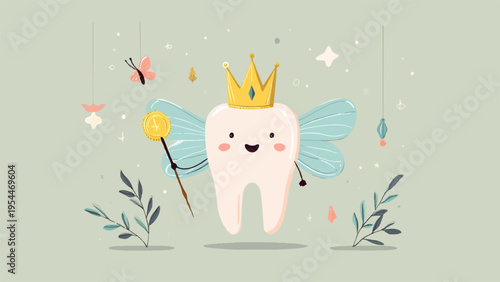Vector illustration of a tooth fairy with crown and wand
