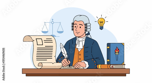 Cartoon lawyer writing on document with scales and lightbulb ideas on desk