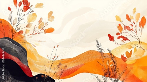 Autumn abstract floral background with organic lines and textures on white backdrop elegant seasonal wallpaper illustration