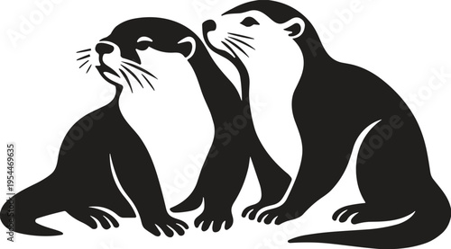 Otter pair silhouette illustration of cute river mammals sitting together, wildlife animal design isolated on white background for nature, conservation and aquatic life themes